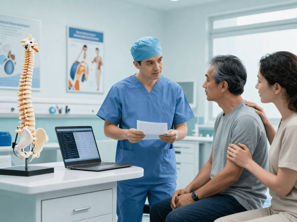 Boyun fıtığı ameliyatı consultation scene highlighting patient engagement.