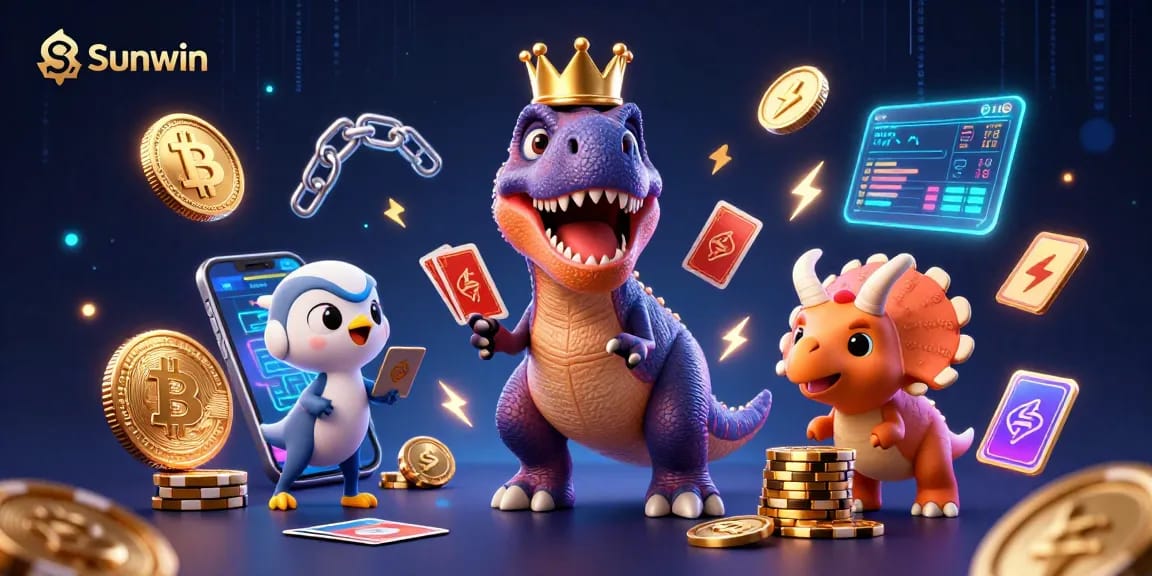 Engage in fun games at Sunwin with T-Rex and friends under a vibrant, dynamic casino backdrop.