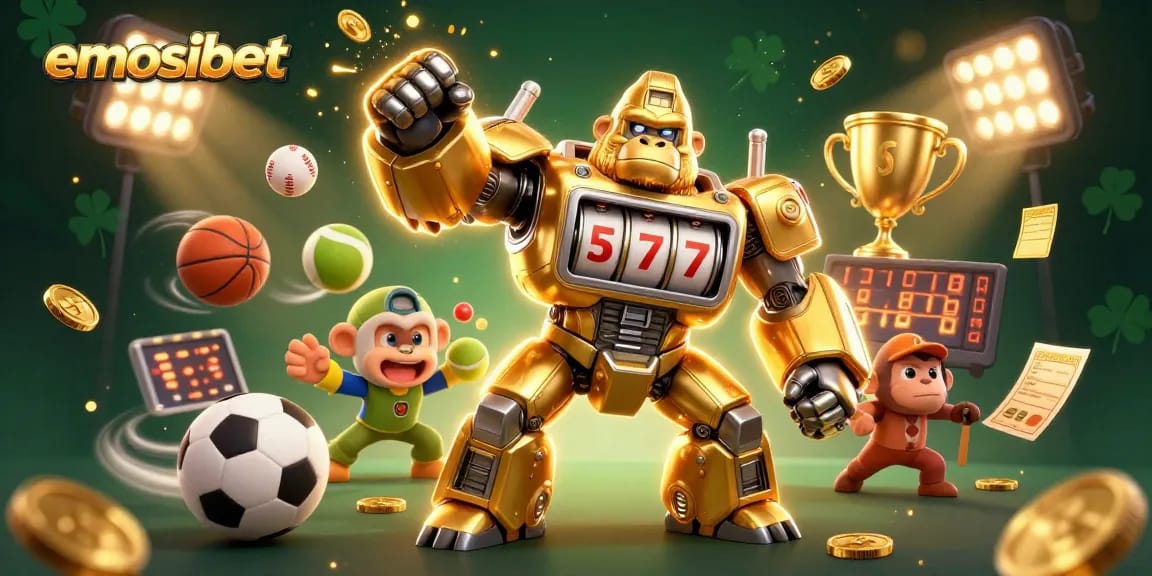 Experience exciting wins with emosibet's golden mech surrounded by dynamic sports elements.