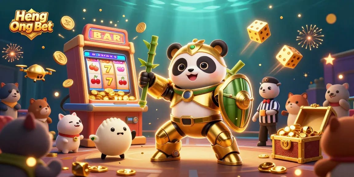 Engage with Heng Ong Bet featuring a vibrant Panda robot in a dynamic casino scene.