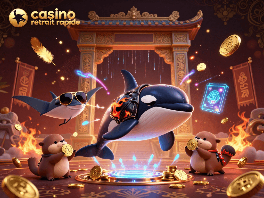 Réclamez vos gains rapidement avec casino retrait rapide sur un fond dynamique et coloré rempli de pièces et éléments de jeu.