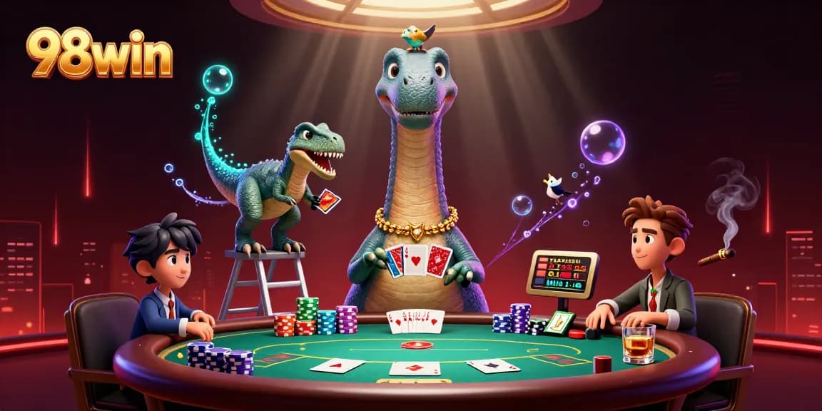 98win's captivating scene showcases a giant dinosaur and clever raptor in a thrilling poker game.