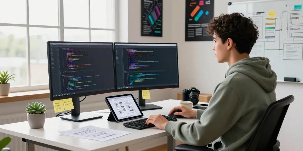 Modern workspace of a developer coding on dual monitors at fuzzmanta.com, bright atmosphere with plants and tech decor.
