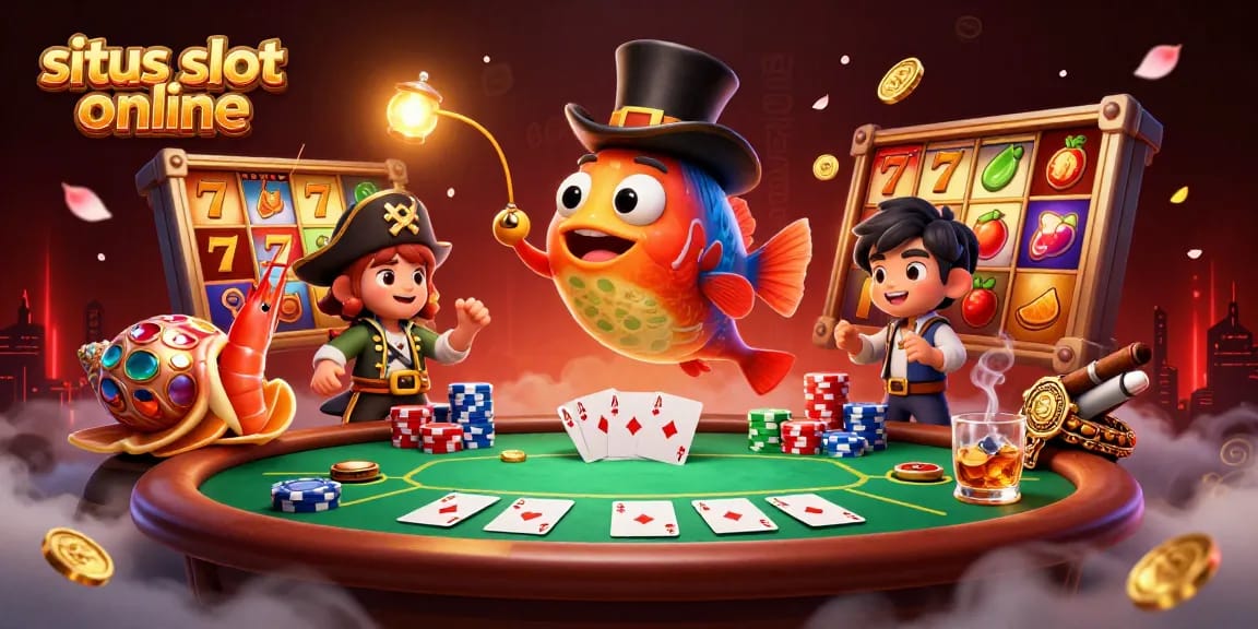 Mencoba keberuntungan di situs slot online dengan ikan pemancing dan teman-temannya yang menarik koin emas.