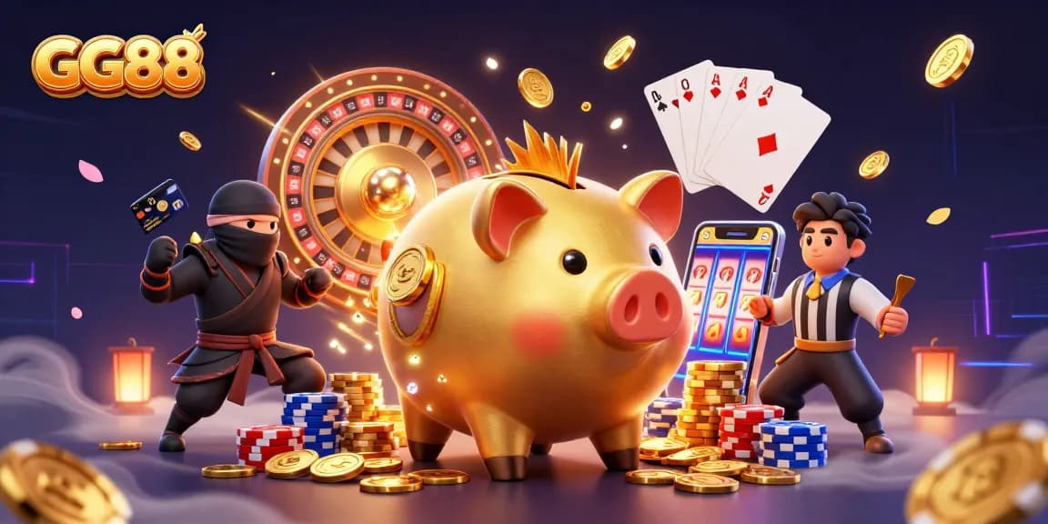 Win big at GG88 with dynamic casino action featuring sumo wrestler and ninja in an exciting gambling illustration.