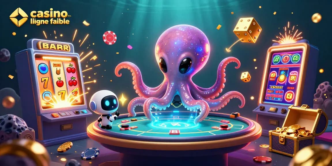 Participez à des jeux d'argent passionnants dans un casino en ligne fiable avec une illustration dynamique mettant en scène un magnifique octopus extraterrestre.