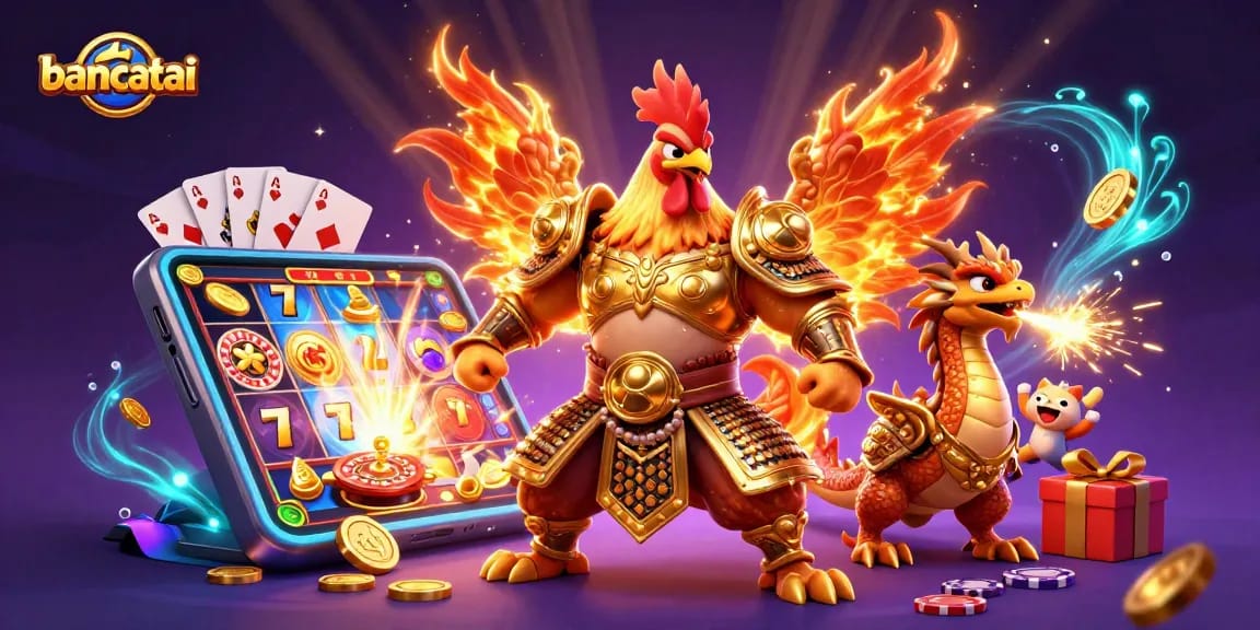 Join the action at bancatai with an illustrated rooster warrior, dragon, and vibrant casino elements.