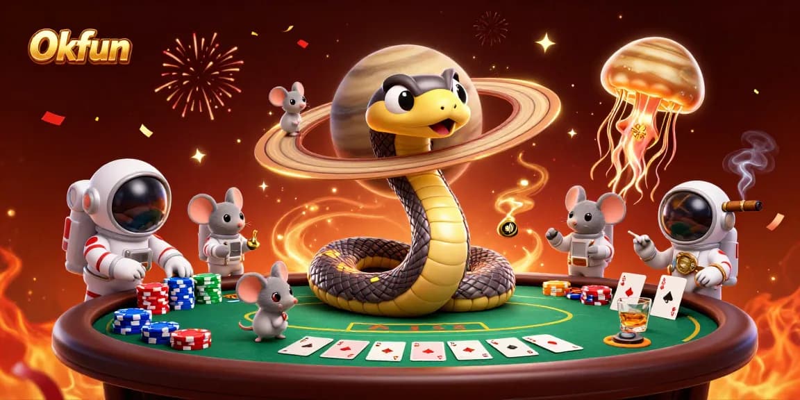 Experience Okfun's thrilling cosmic casino scene with playful astronauts betting in vibrant colors.