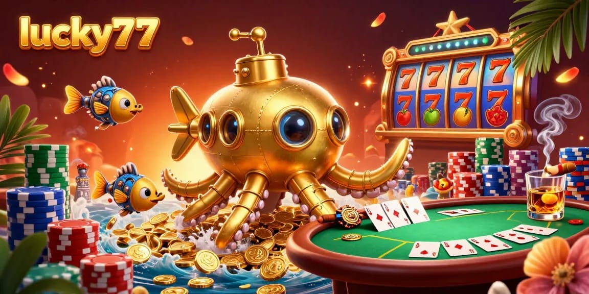 Experience the excitement of lucky77 with a vibrant scene of a kraken submarine amidst golden coins and dynamic casino elements.