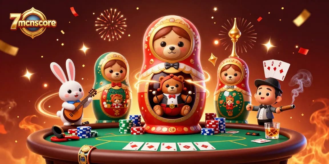 Engage with thrilling casino action featuring 7mcnscore in a vibrant, festive atmosphere with poker elements.