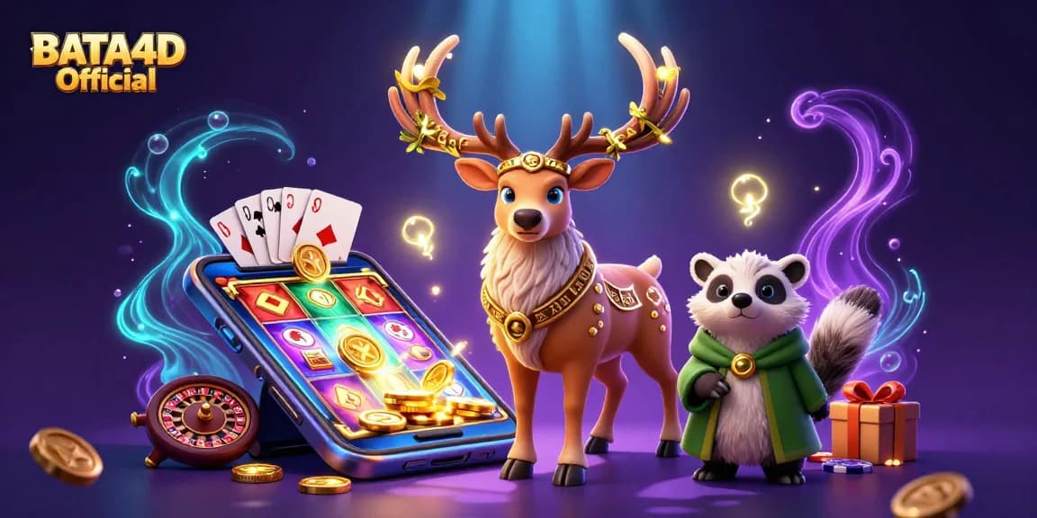 BATA4D Official showcases an engaging 3D casino scene featuring vibrant slot games with gold coins and characters.