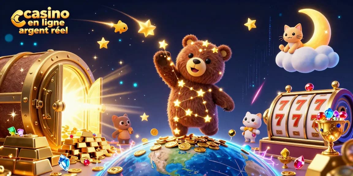 Plongez dans l'univers du casino en ligne argent réel avec une scène artistique vibrante d'un ours constellation et de symboles riches.