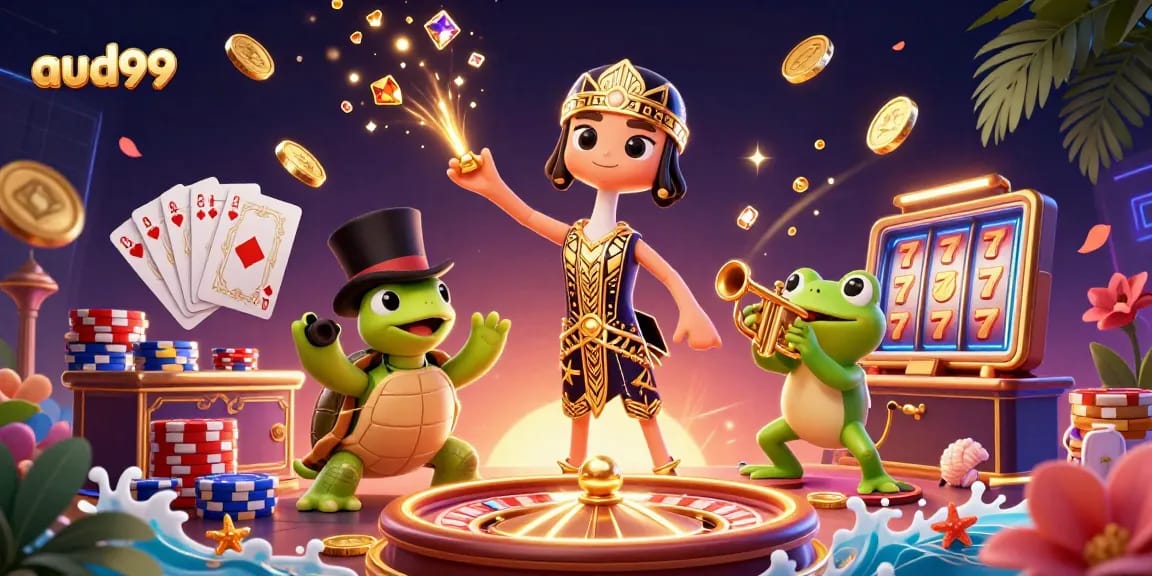 Experience the excitement of aud99 at a virtual casino with colorful characters and dynamic gaming elements.