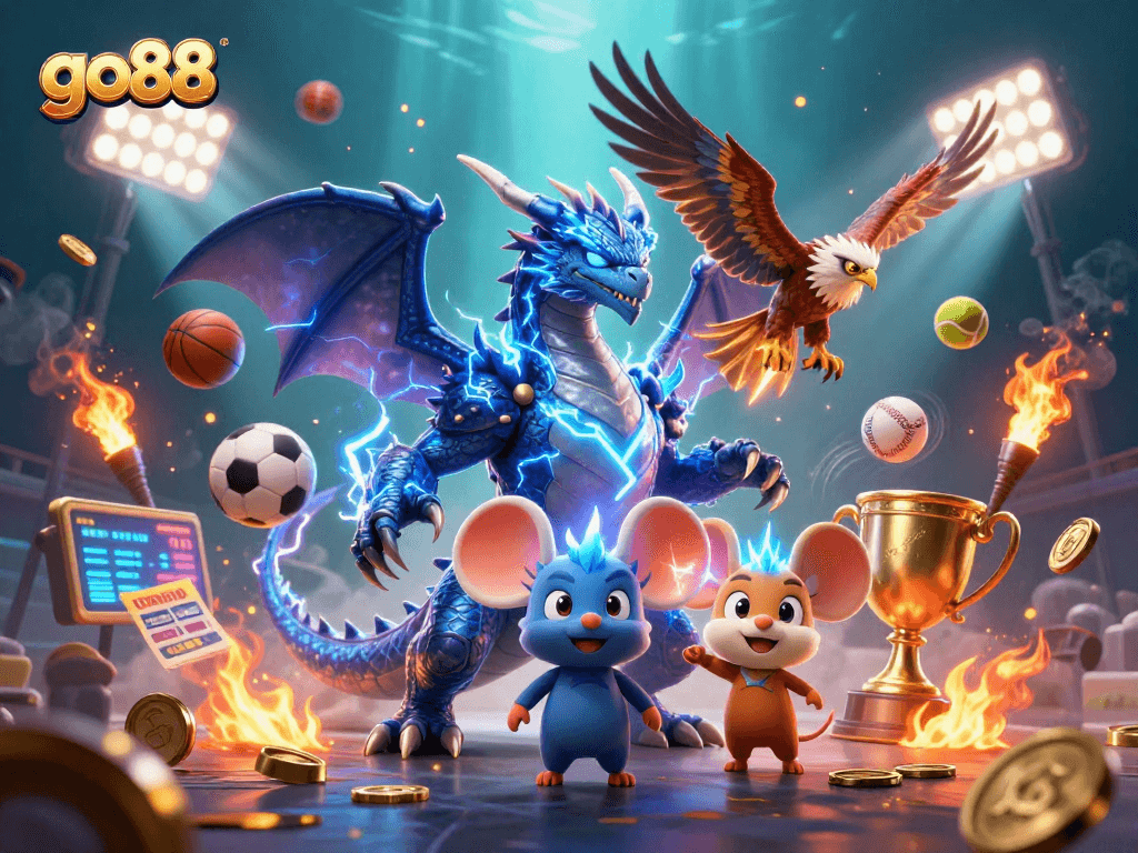 Experience thrilling sports betting with go88, featuring dynamic characters and energetic casino elements in vibrant colors.