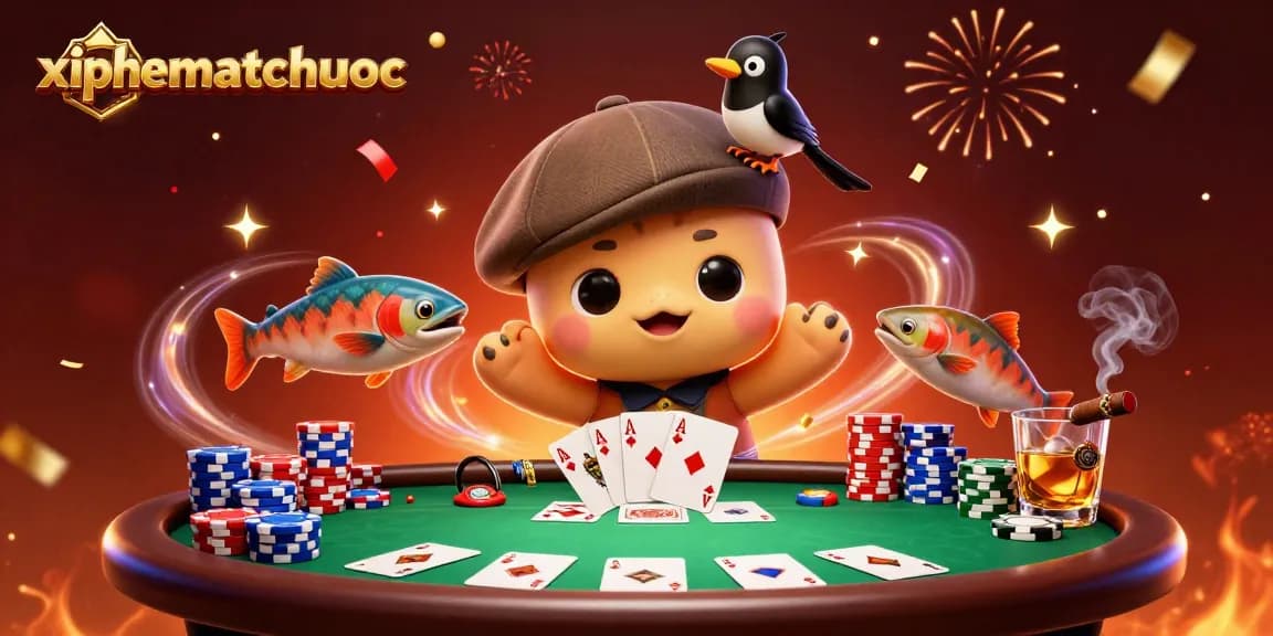xiphematchuoc showcases an exciting poker scene with cartoon characters celebrating wins in a vibrant casino atmosphere.