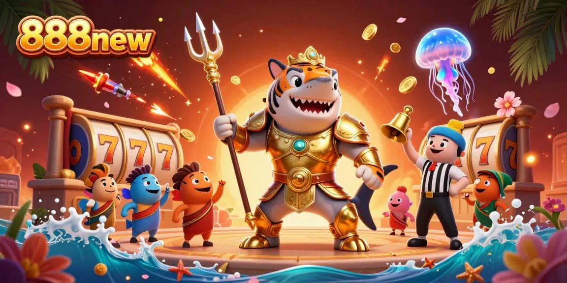 An engaging scene showcasing the thrilling universe of 888new, featuring a tiger shark in gladiator armor and dynamic slot game elements.
