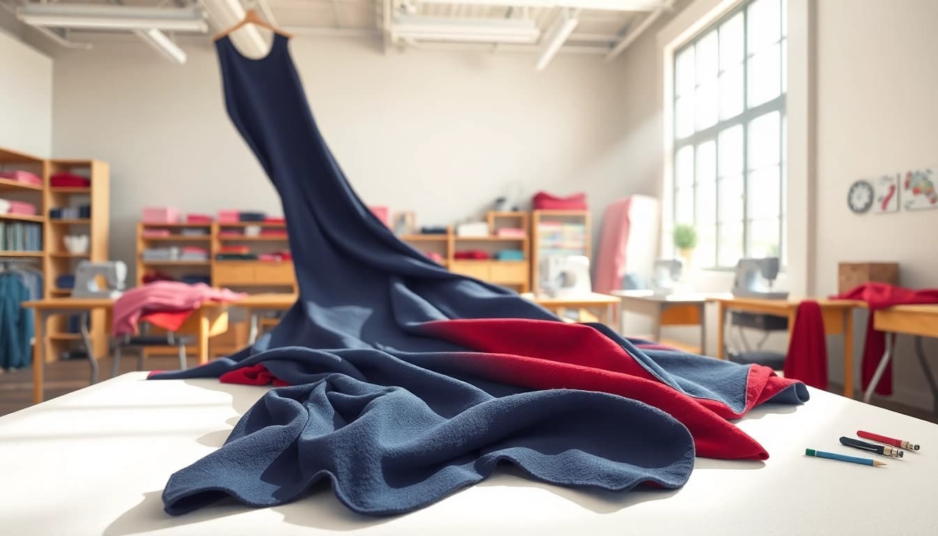 Jogging stoffen in diverse kleuren en texturen op een werktafel met naai-tools in een lichte studio.