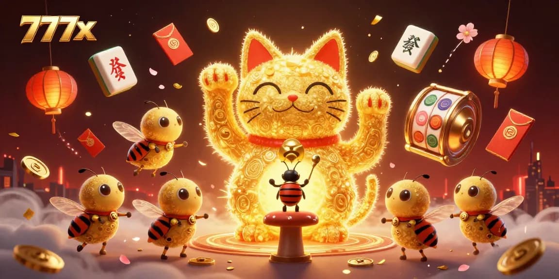 Experience thrilling wins at 777x, showcasing a vivid lucky cat and exciting casino symbols.