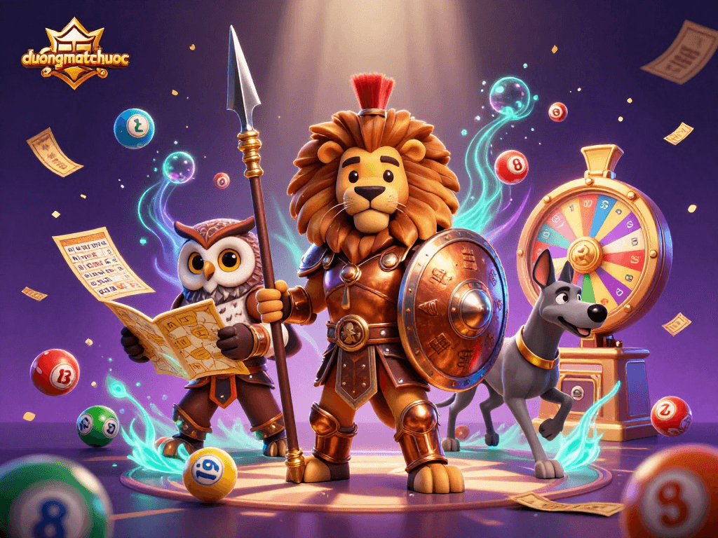 Experience duongmatchuoc with gaming characters in an ultra-detailed 3D casino illustration featuring lottery elements.