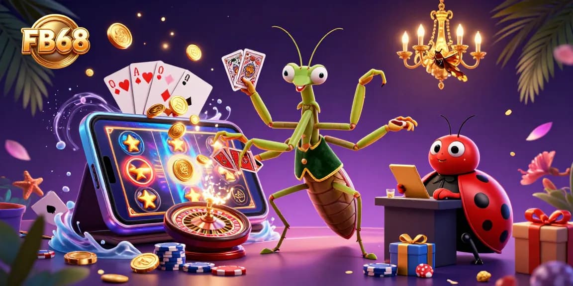 Experience exciting slots at FB68 with a vibrant scene featuring dynamic gambling elements, golden coins, and energizing visuals.