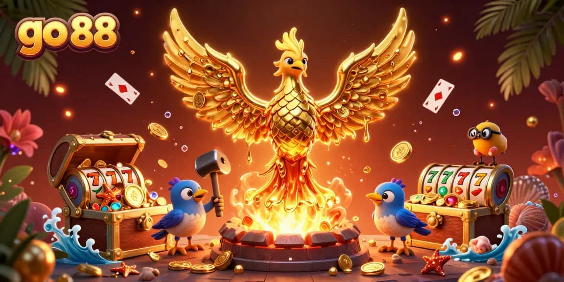 Experience thrilling gameplay at go 88 with golden phoenix and vibrant slot reels amidst rich casino treasure.