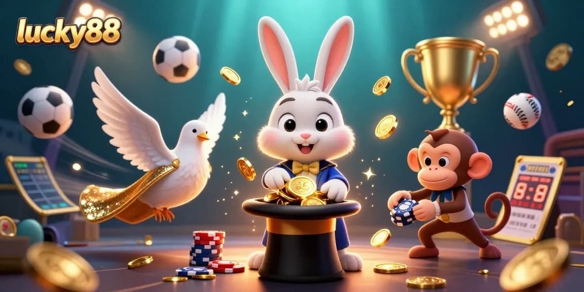Immerse in lucky88's vibrant casino scene with a magician rabbit and playful characters.