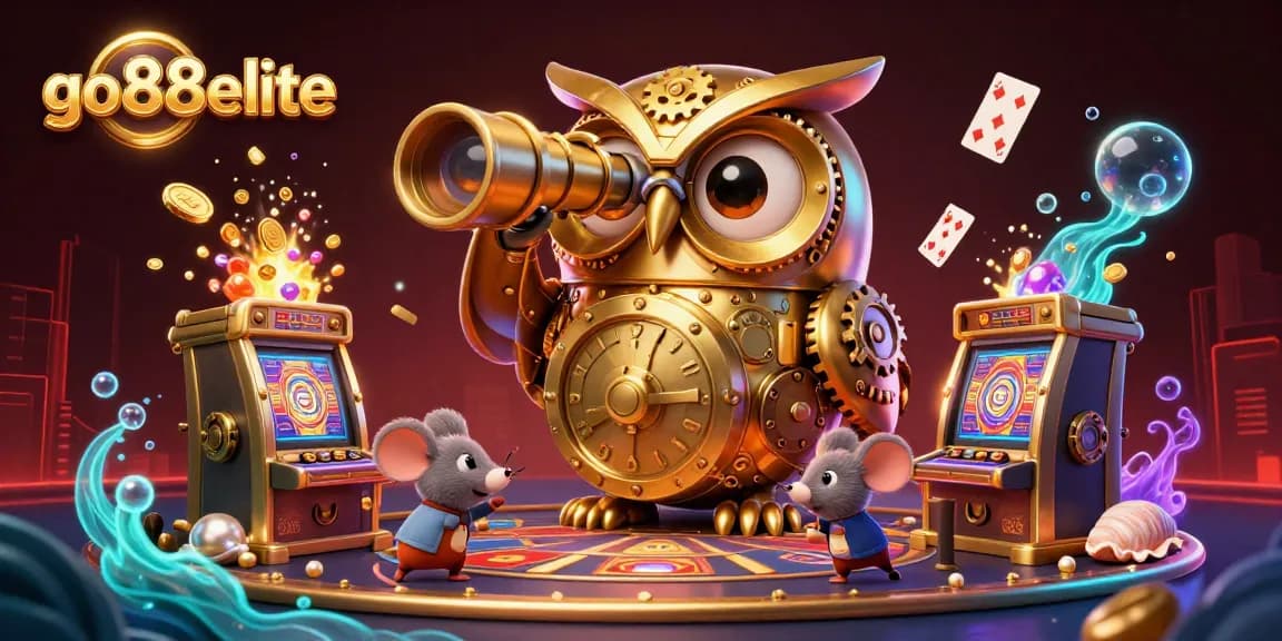 Experience the vibrant world of go88elite with a dynamic casino scene featuring a golden owl and slot machines.