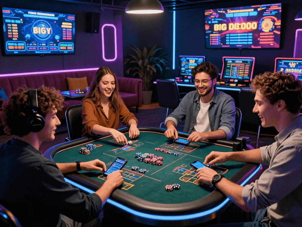 Experience the excitement of a crypto casino with friends at a high-tech gaming table.