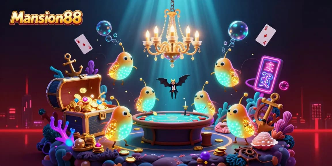Mansion88 glowworms illuminate a lively casino scene with vivid details and vibrant colors.
