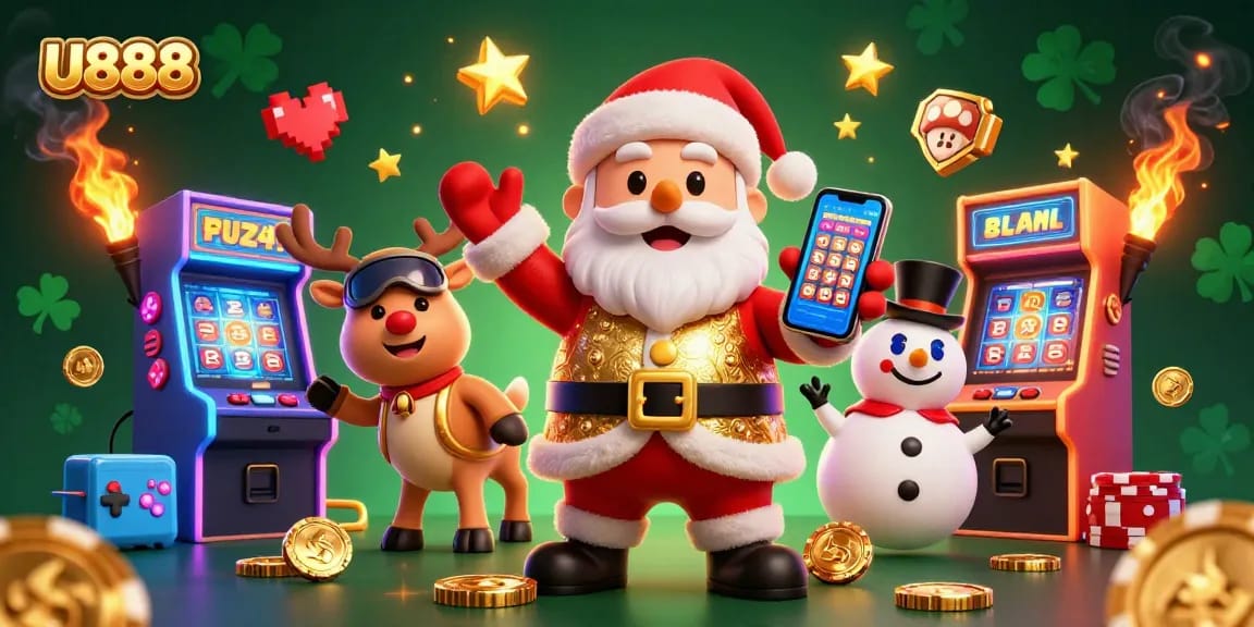 Play dynamic slots with U888 featuring Santa Claus, his reindeer, and a snowman in a vibrant casino.
