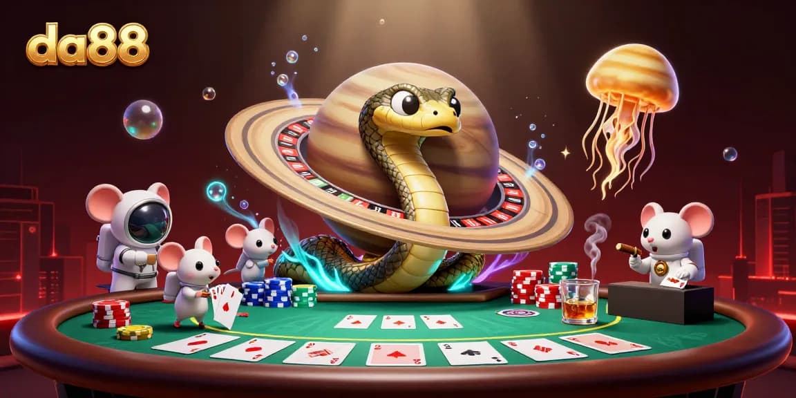 da88 engages players with a cosmic casino scene featuring a dynamic Saturn snake and gambling astronauts.