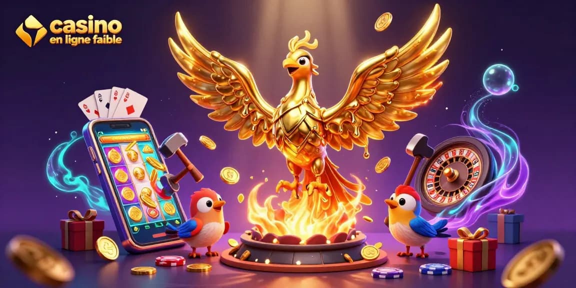Profitez d'une expérience de jeu sur un casino en ligne fiable avec un phœnix doré et des éléments de jeu captivants.