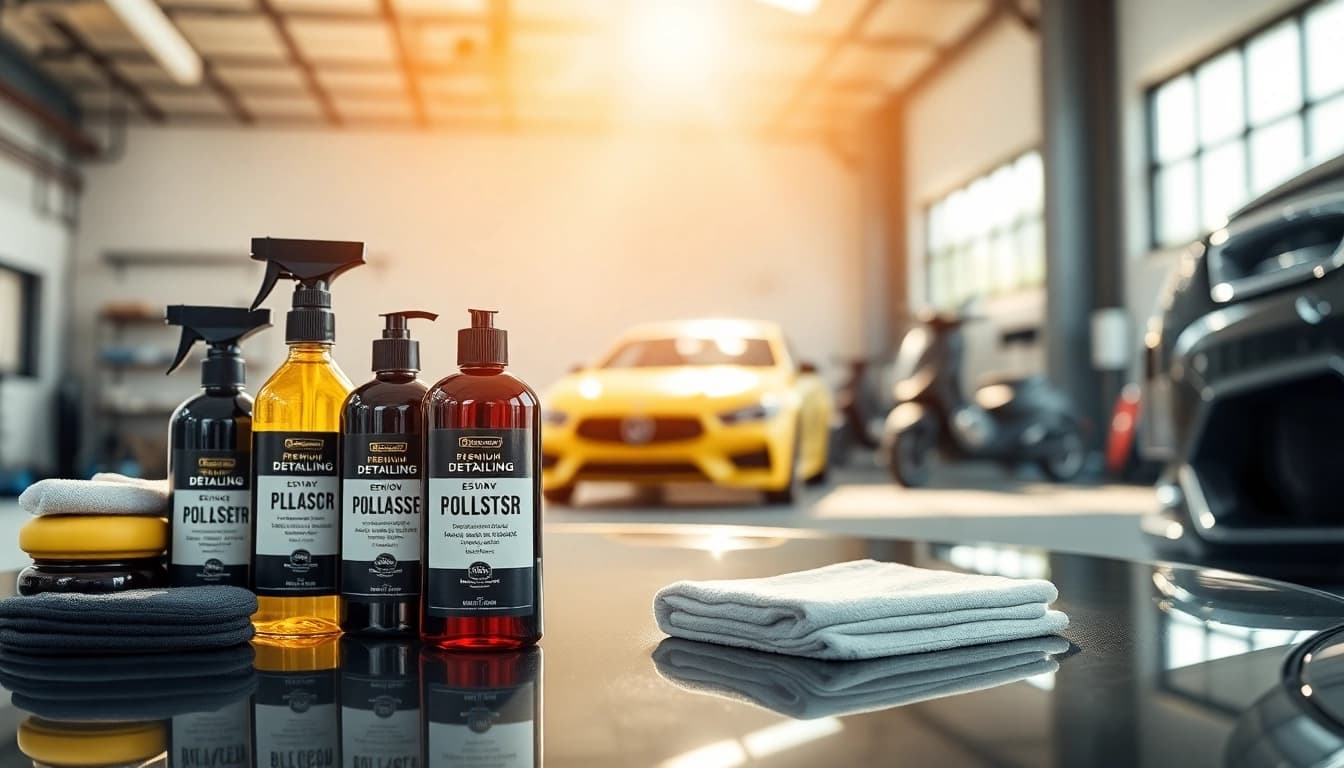 Explore car detailing products Canada with an array of professional detailing supplies in a modern garage.