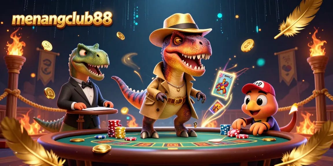 Experience exhilarating gaming at menangclub88 with a vibrant 3D casino scene featuring cartoon dinosaurs.