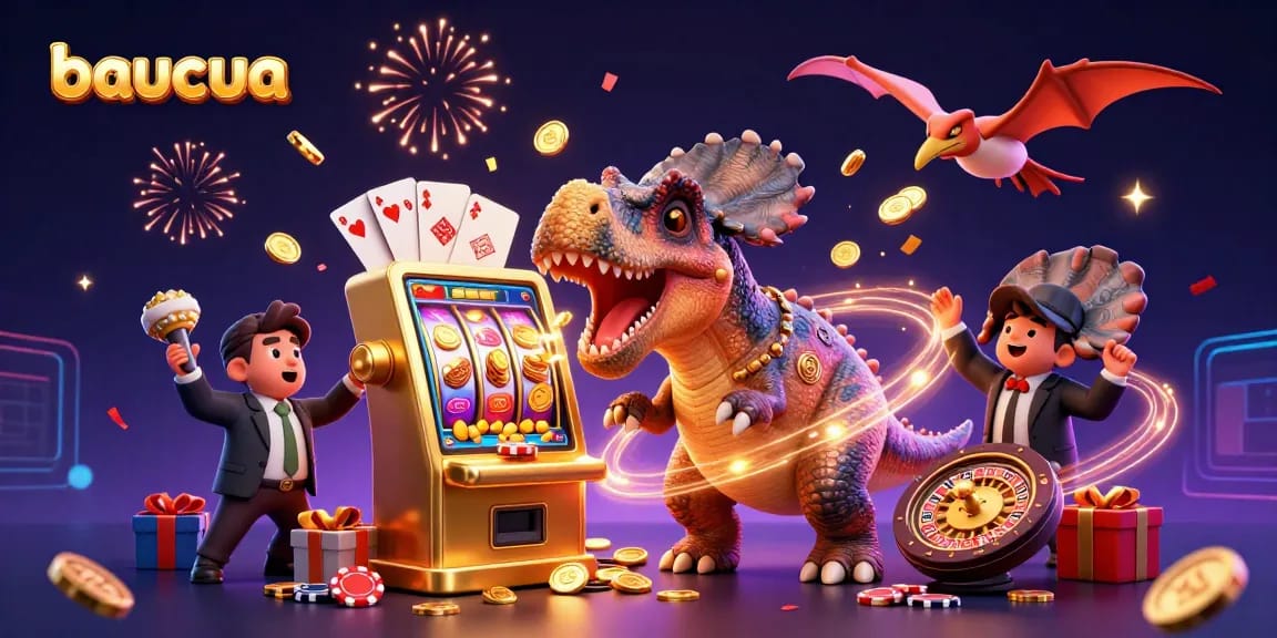 Baucua game's thrilling action as cartoon characters engage with casino elements, showcasing vibrant slot and coin excitement.