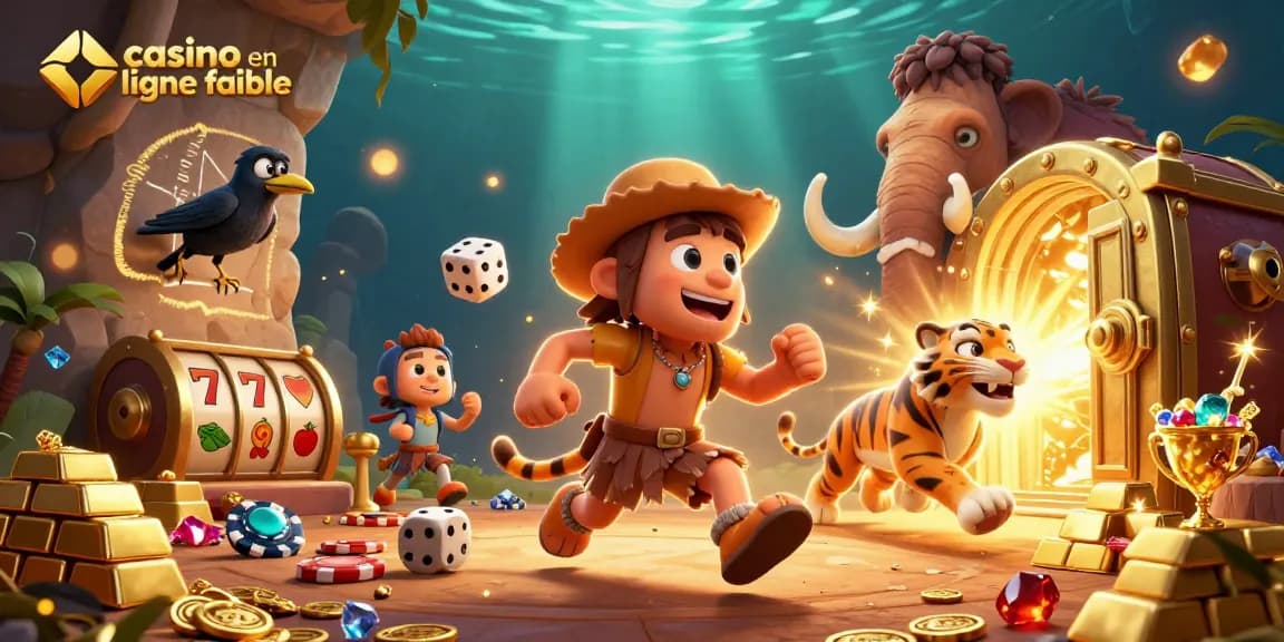Plonger dans l'univers du casino en ligne fiable avec un duo d'hommes des cavernes et tigre, entourés de trésors scintillants.