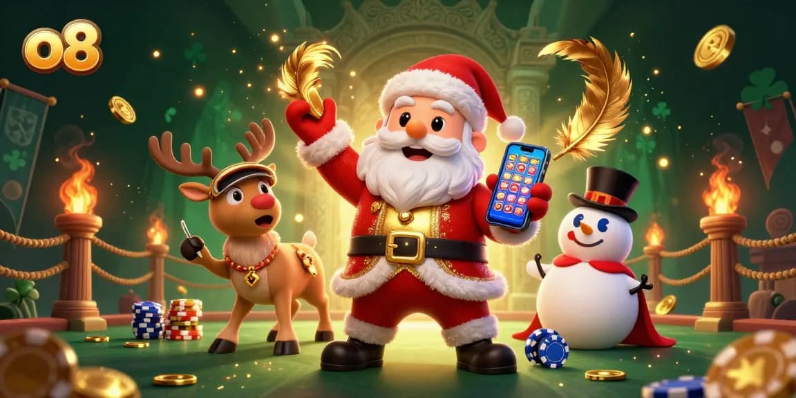 Play slots at o8 Casino with Santa and friends enjoying the festive atmosphere.