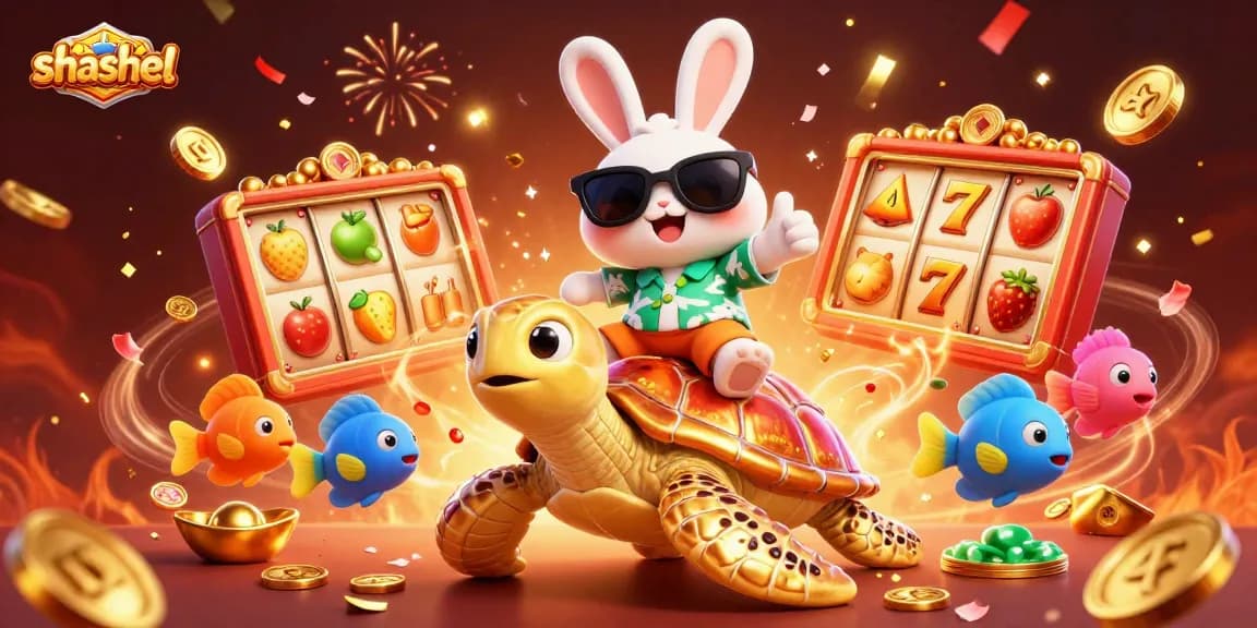 Experience the thrill of shashel slots with a lively 3D scene of a lucky rabbit and sea turtle celebrating.