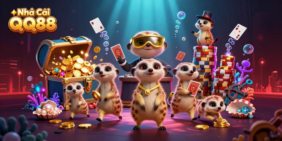 Engage in thrilling gaming adventures at Nhà Cái QQ88 with cartoon meerkats managing an elaborate casino operation.