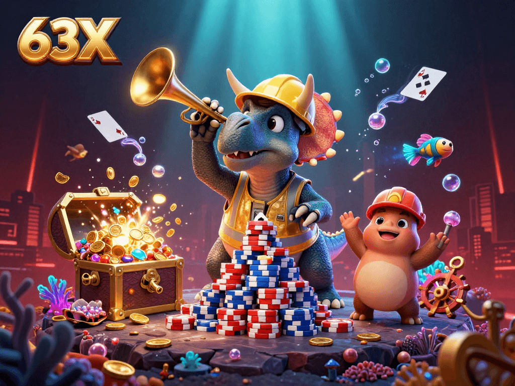 Jogue com 63X e descubra um cenário de cassino emocionante com dinossauros e fichas de poker!