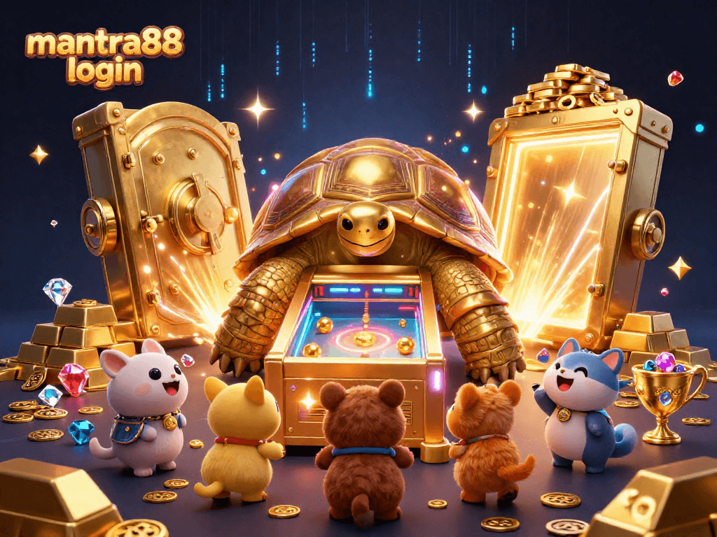 Join the excitement at mantra88 login with this vibrant illustration showcasing gaming and treasures.