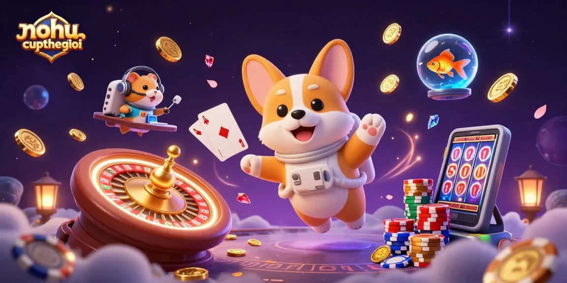 Experience thrilling gameplay at nohu-cupthegioi with an astronaut corgi surrounded by drifting poker elements.
