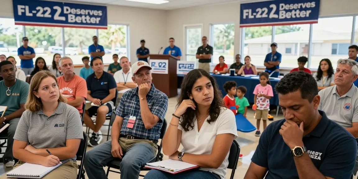 Casey Askar engaging with voters at a FL-22 town hall meeting, showcasing community involvement.
