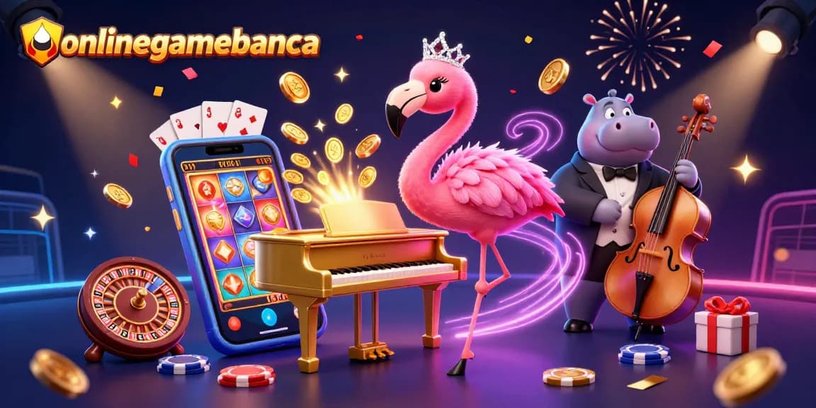 Experience onlinegamebanca's thrilling casino scene with vibrant characters and games in action.