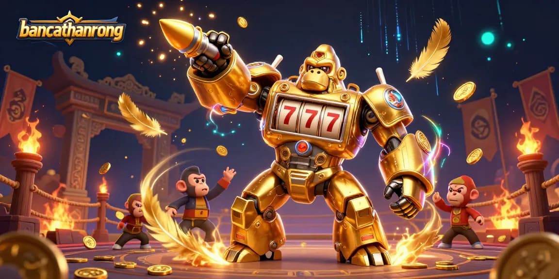 Engage in thrilling gameplay at bancathanrong with a dynamic golden gorilla mech in a vibrant casino setting.