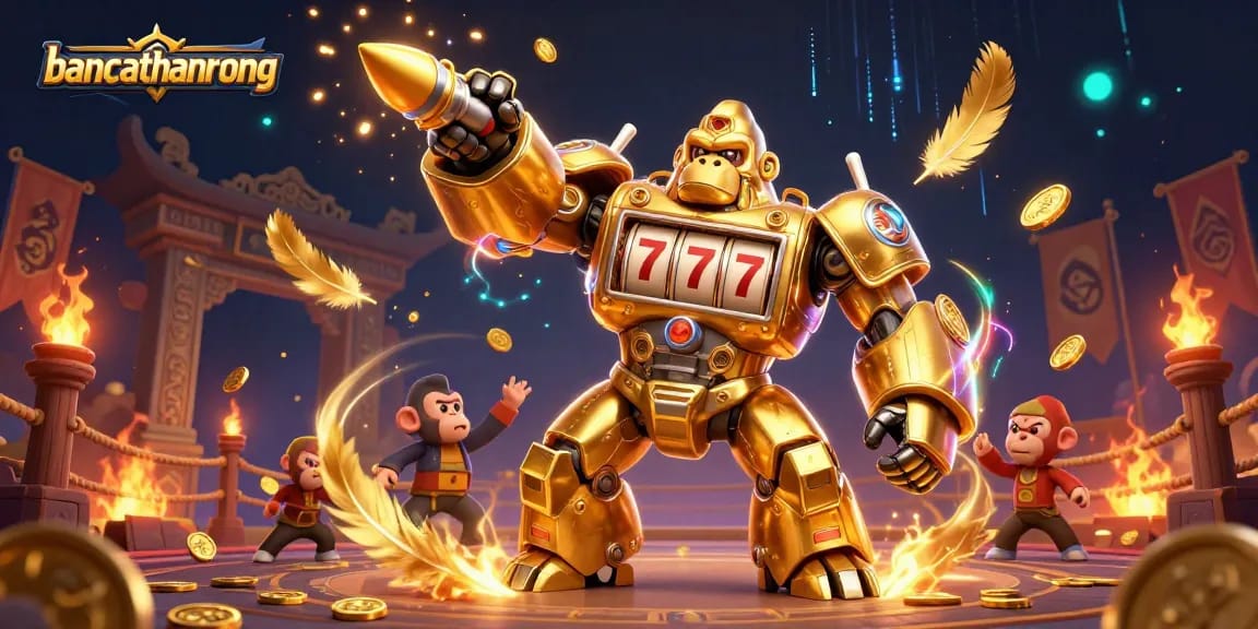 Engage in thrilling gameplay at bancathanrong with a dynamic golden gorilla mech in a vibrant casino setting.