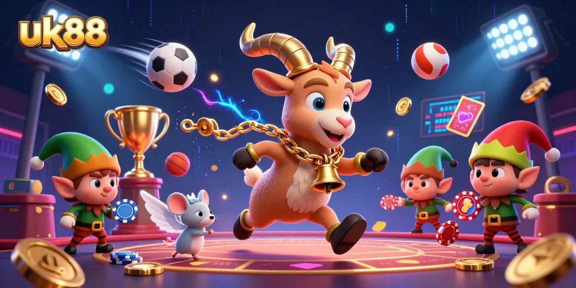 uk88 casino scene with a Krampus goat, angel mouse, and gremlins amidst dynamic sports betting elements.