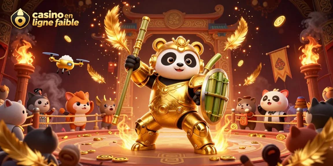 Plongez dans le défi du casino en ligne fiable avec un panda pilote en combat, entouré d'éléments captivants.