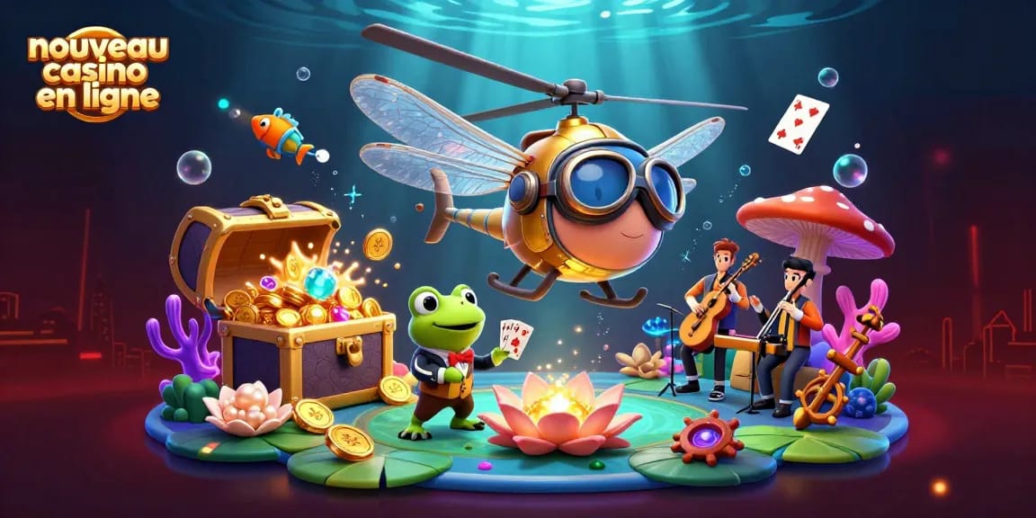 Jouez sur un nouveau casino en ligne avec une ambiance ludique et colorée, mettant en vedette un pilote de libellule et un croupier grenouille.