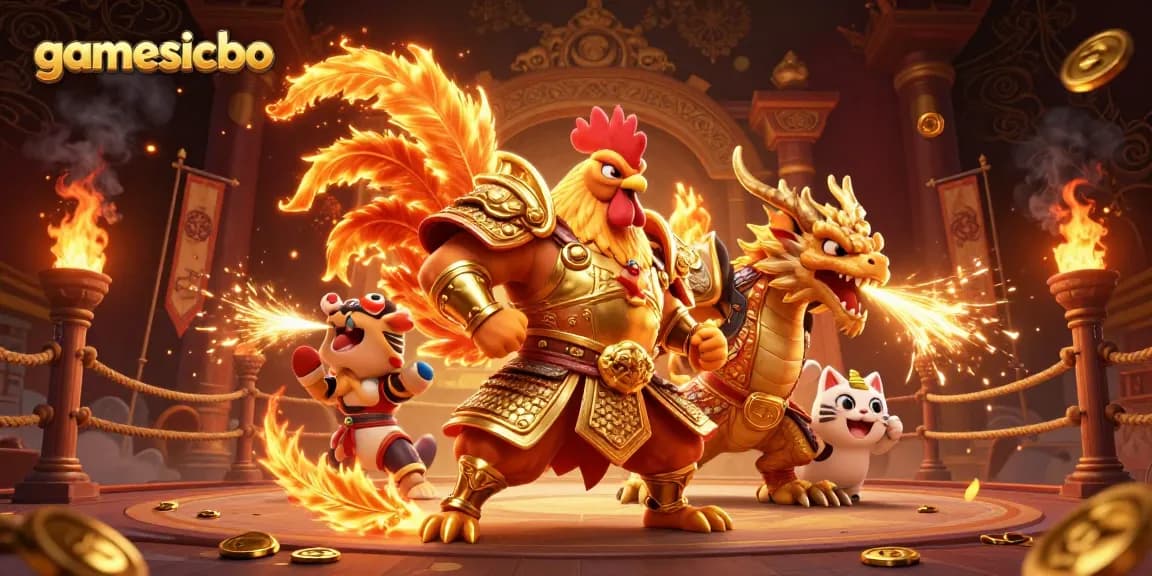 Engage in thrilling battles with gamesicbo featuring a rooster warrior and dragon in an epic arena.
